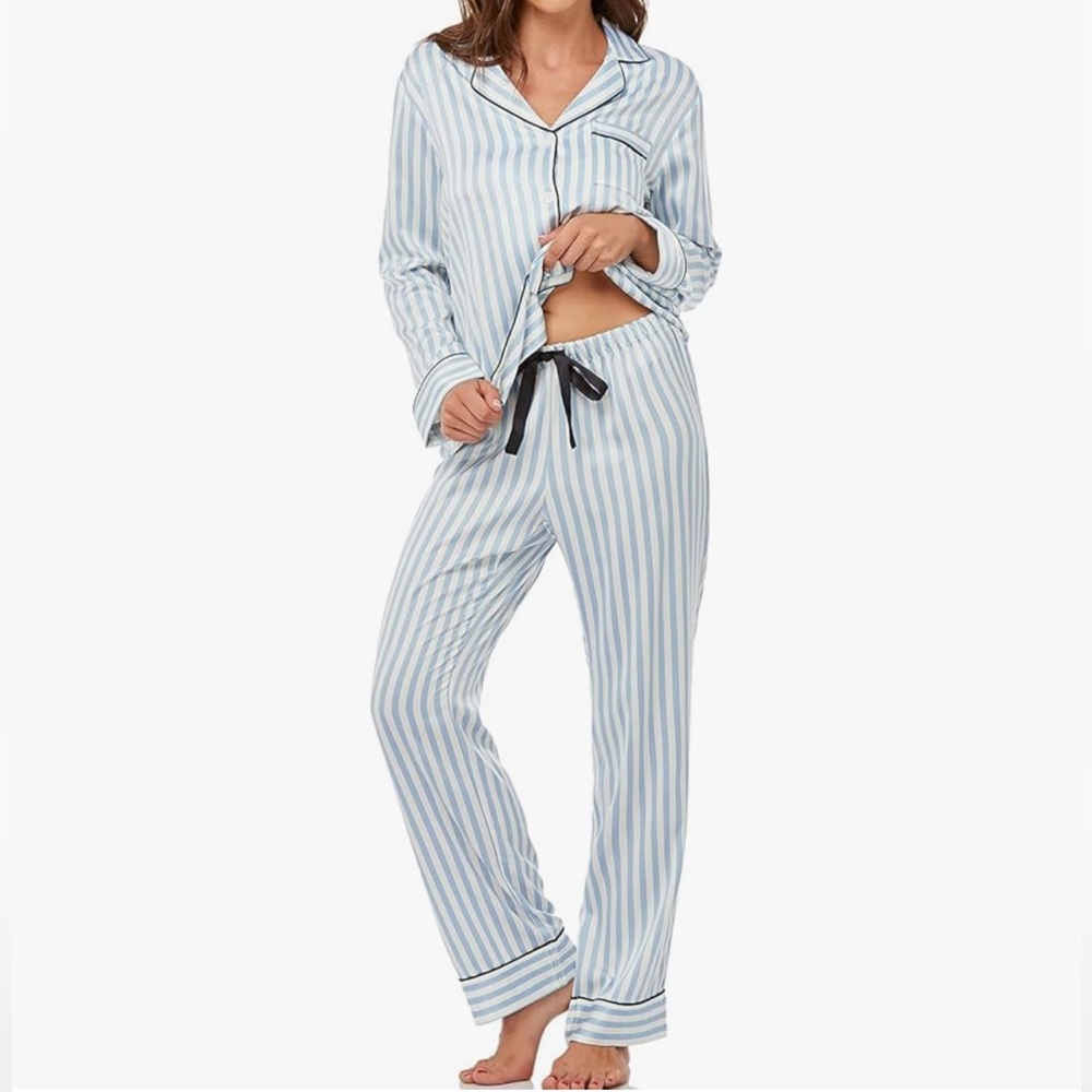 serenedelicacy Satin Pajama Set Long Sleeve Button Down 2-Piece Silky Pj Set